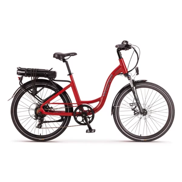 Wisper 705 26" Step-Through Electric Bike in Red. Display image