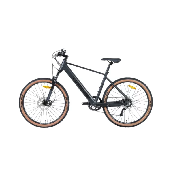 Wisper Tailwind Trail Crossbar Electric Bike in Black. Display image, side of bike