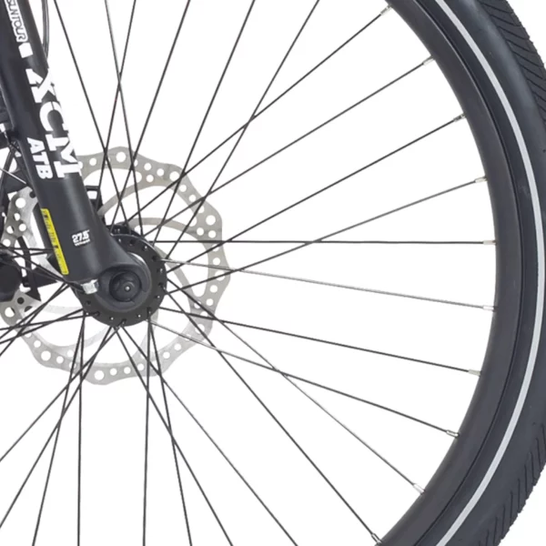 Wisper H9 Electric Bike. Display image of front wheel, suntour xcm forks and disc brake