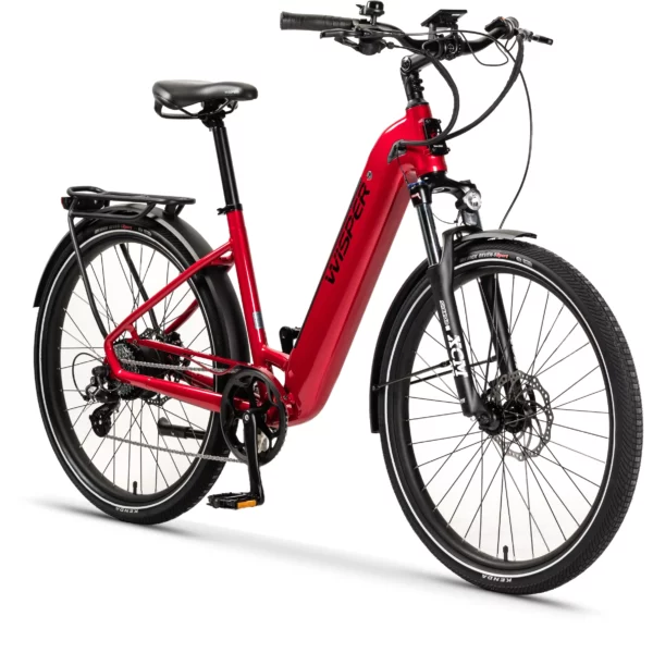 Wisper Wayfarer H7 Step Through Electric Bike in Red. Display image of bikes right hand side